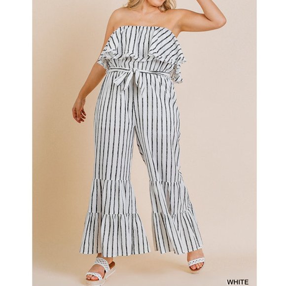 Umgee Pants - Striped Boho Ruffle Strapless Wide Leg Jumpsuit